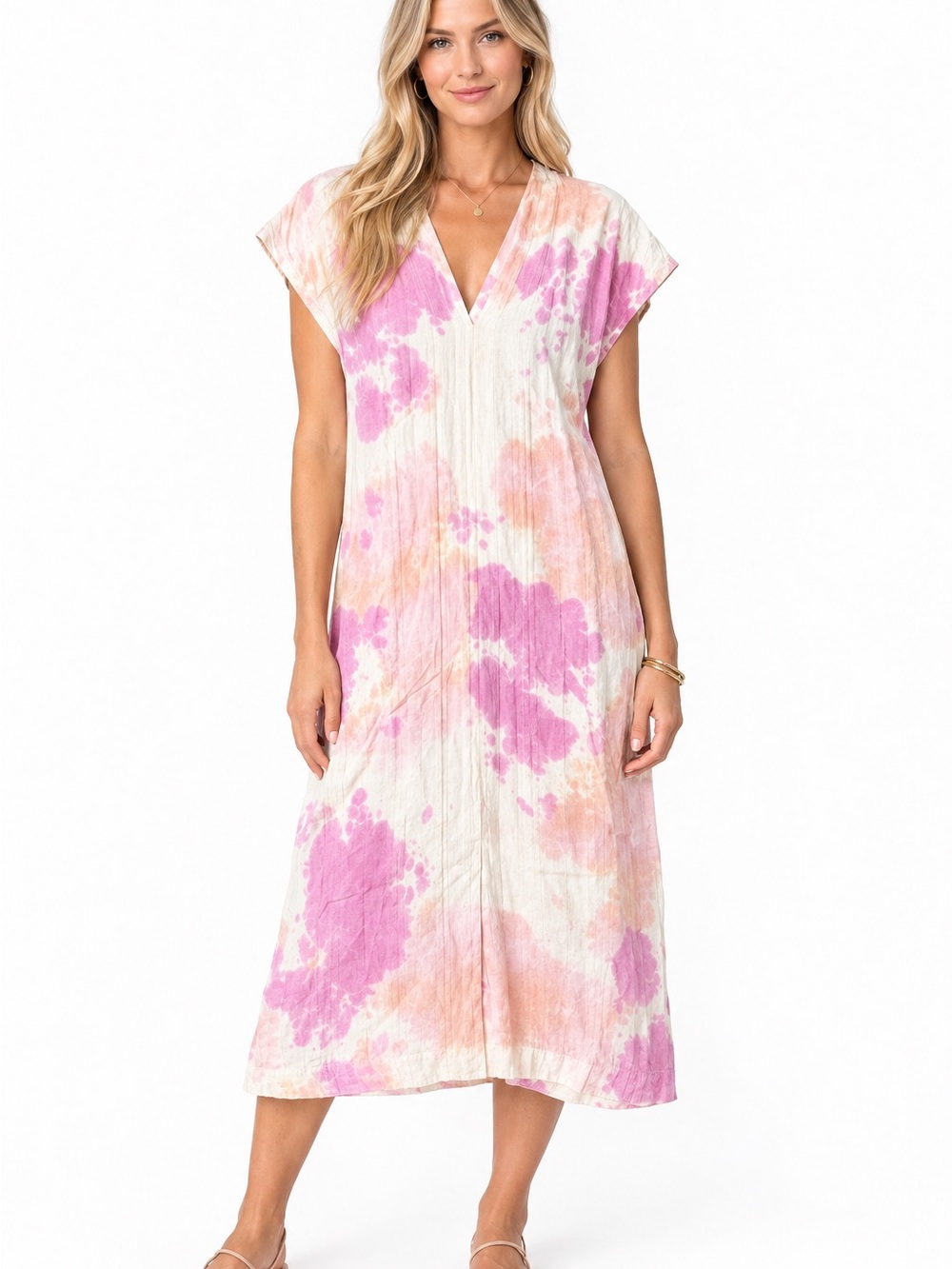 Lacausa Tie-Dye V-Neck Swim Cover-Up Midi Dress Pink Peach Boho XS fits a small
